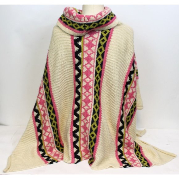 Yara Sweater Knit Poncho OSFA Cowl Neck Bohemian Spring Summer Fall Beige Pink - Picture 3 of 6